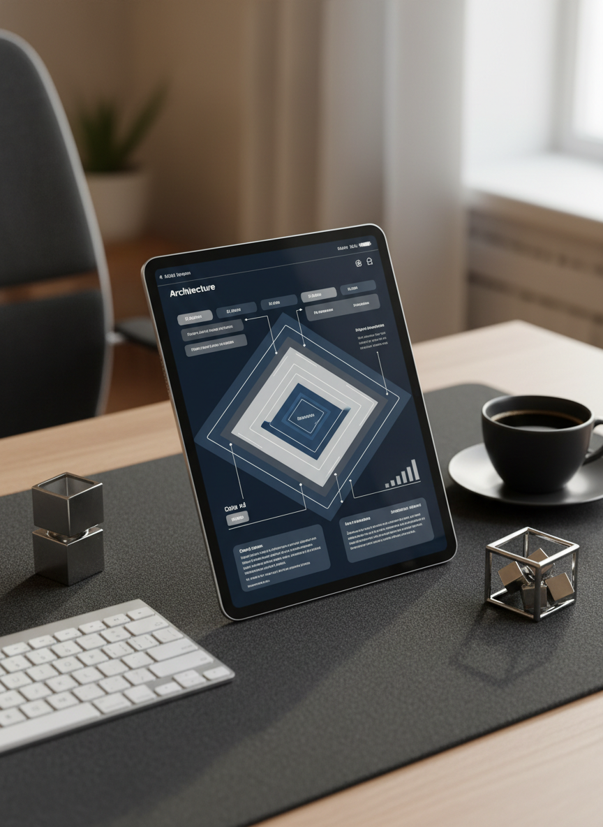 A close-up, photographic-realistic shot of a premium digital architecture diagram displayed on an ultra-thin tablet resting on a dark charcoal felt desk mat. The diagram shows clearly defined layers of systems, integrations, and workflows in crisp lines and geometric shapes, using a restrained palette of blues, grays, and white. Around the tablet, a wireless keyboard, a small geometric metal sculpture, and a muted ceramic cup of black coffee are precisely aligned, reinforcing meticulous structure. Soft, indirect natural light from a nearby window creates gentle shadows and a subtle sheen on the tablet’s glass, while the background falls into a tasteful bokeh. The mood is focused, methodical, and high-end, reflecting structured digital consultancy work.