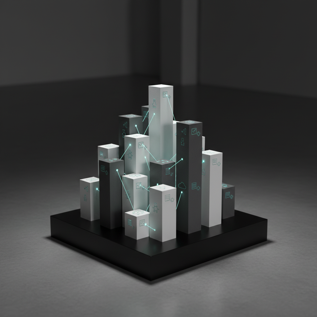 An elegant, minimalist server and cloud infrastructure visualization rendered as a physical installation: matte white and graphite cubes of varying heights arranged on a glossy black platform, each cube etched with subtle icons suggesting applications, data, and integrations. Thin illuminated lines in soft cyan connect the cubes, hinting at seamless digital flows. The installation is placed in a dark, gallery-like room with a smooth concrete floor, lit by narrow-beam spotlights from above that create dramatic but controlled highlights and shadows. Photographic realism with a three-quarter elevated angle, sharp focus on the installation, and a slightly blurred background, conveying a premium, conceptual representation of structured, scalable digital systems.