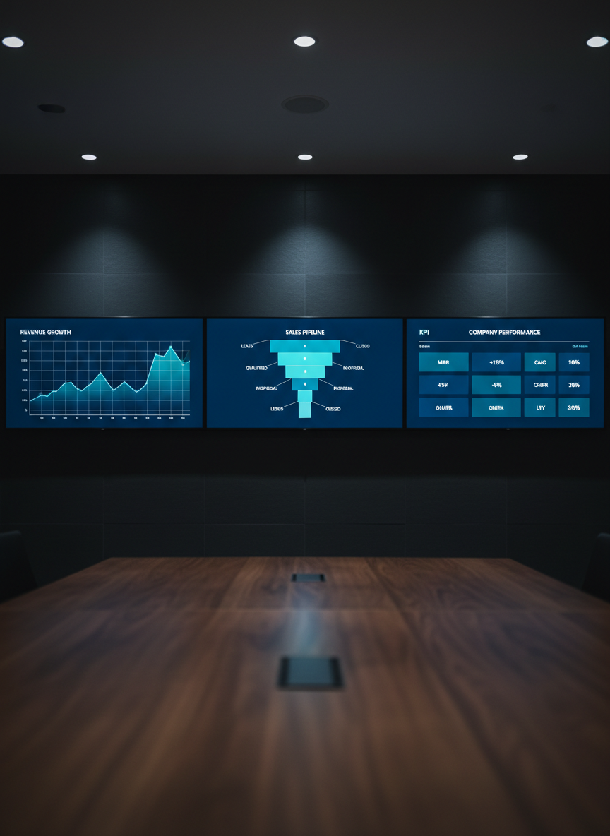 A sophisticated data visualization wall consisting of three large, frameless digital displays mounted on a smooth, dark slate wall, each showing different aspects of a company’s growth: a clean line chart, a structured funnel, and a neatly organized KPI grid, all in a cohesive palette of deep navy, teal, and white. The environment is a premium, dimly lit strategy room with a long, empty walnut conference table in the foreground, slightly blurred. Focused overhead downlights create pools of soft illumination on the displays, emphasizing clarity and depth. Photographic realism with a slightly wide-angle perspective, capturing a professional, analytical mood that communicates controlled growth and high-level digital insight.