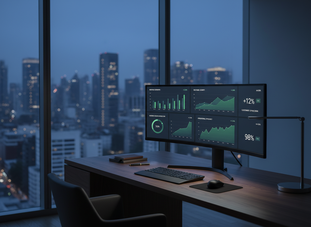 A polished analytics workspace at dusk, featuring a single ultrawide monitor on a walnut desk displaying a consolidated executive dashboard: clean charts, trend lines, and key metrics arranged in tidy panels, using a restrained color palette of navy, emerald, and white. Outside a large window, a softly blurred city skyline with scattered office lights suggests growth and ambition. The primary light source is the monitor’s cool glow, subtly illuminating the keyboard, a matte black trackpad, and a small, brushed-steel desk lamp turned off, while faint ambient twilight fills the room. Photographic realism with a slightly off-center composition, conveying a quiet, focused, and premium environment for thoughtful digital decision-making.